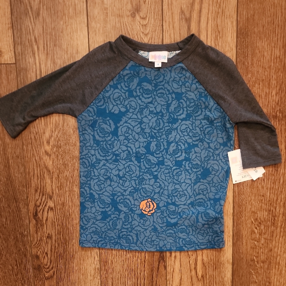 LuLaRoe Kids 3/4 Sleeve Blue and Gray Floral Tee